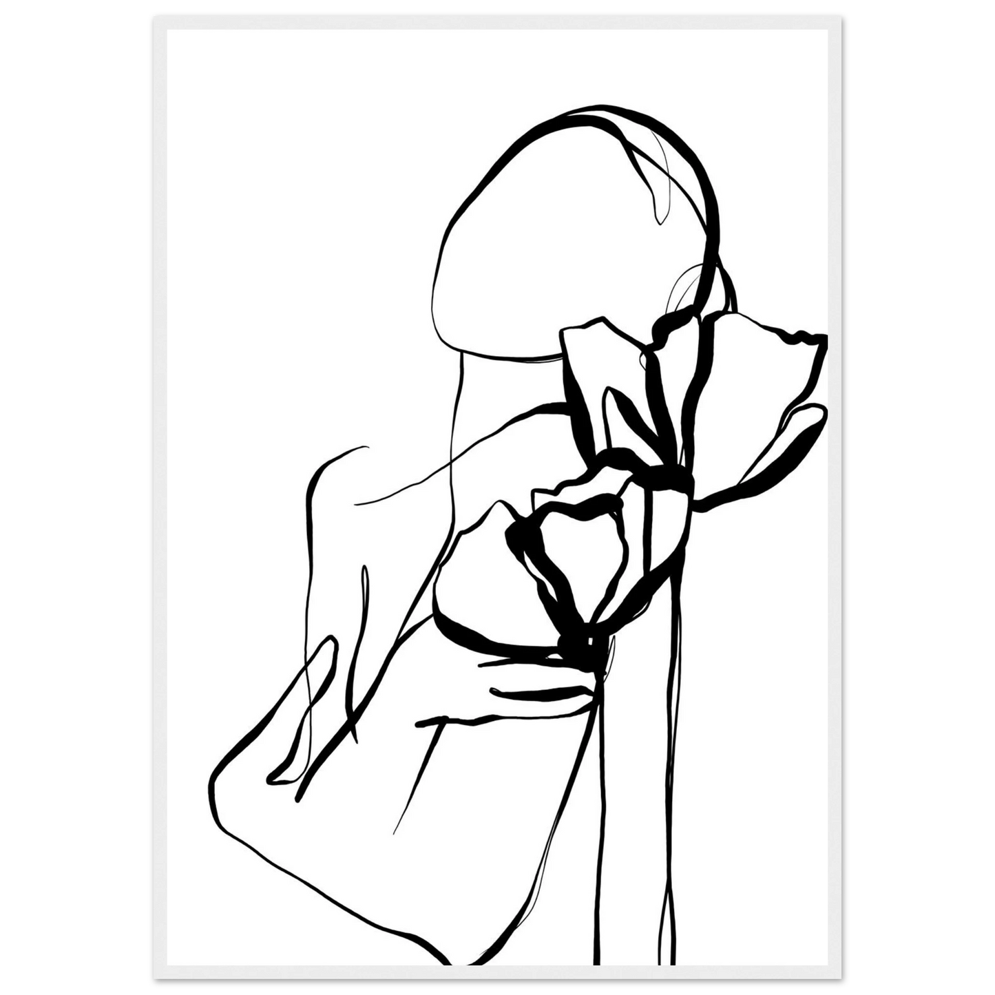 Abstract floral embrace line art print minimalist black white botanical poster art print in a White frame size 21x29.7 cm / 8x12" affordable wall art by Art Aunty NZ