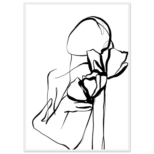 Abstract floral embrace line art print minimalist black white botanical poster art print in a White frame size 21x29.7 cm / 8x12" affordable wall art by Art Aunty NZ