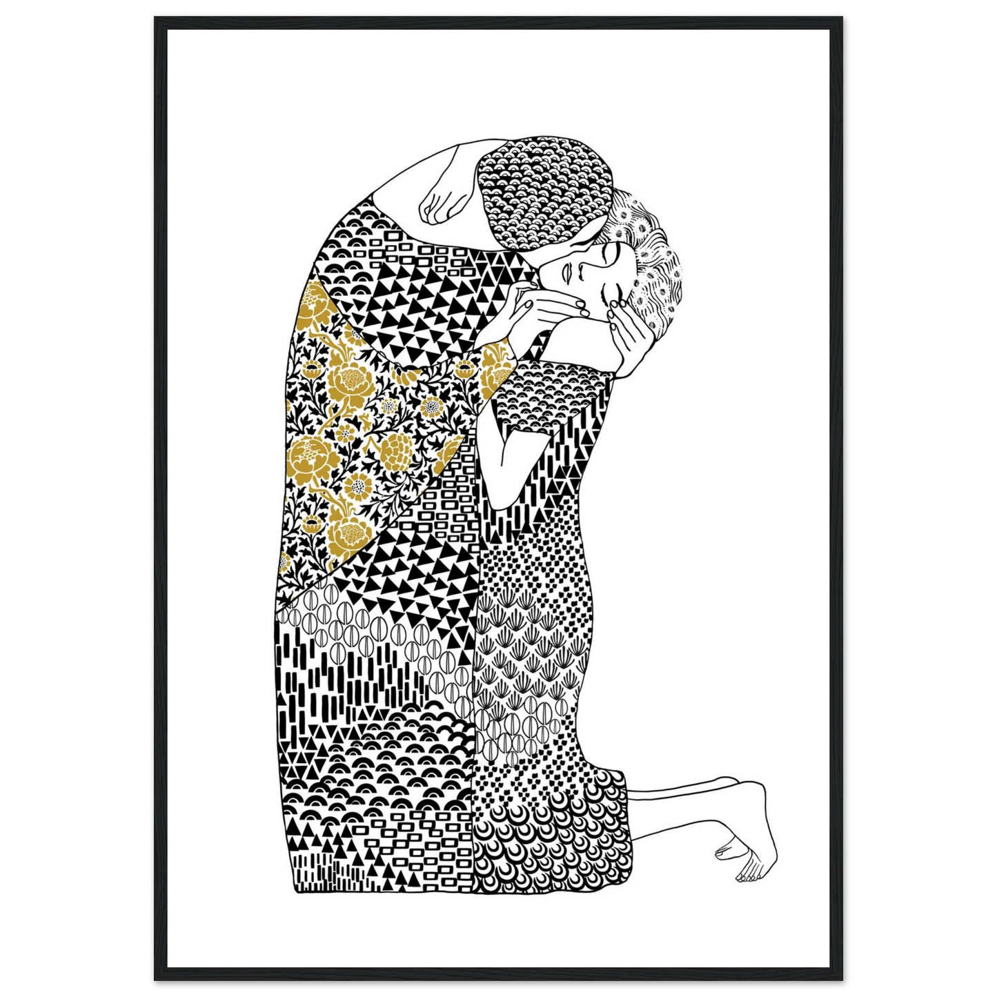 Abstract embrace golden floral geometric art print hand drawn expression on premium poster art print in a Wood frame size A2 (42 x 59.4  cm) affordable wall art by Art Aunty NZ