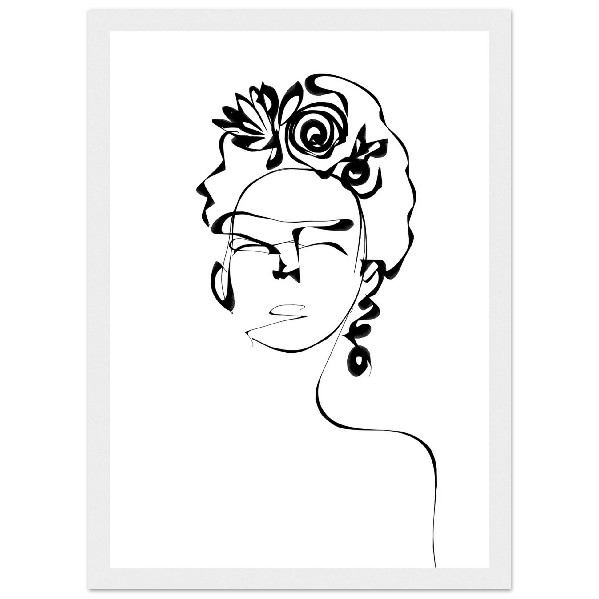 Minimalist frida kahlo inspired line art poster abstract floral portrait print in your choice of size and frame art print in a Wood frame size A1 (59.4 x 84.1  cm) affordable wall art by Art Aunty NZ