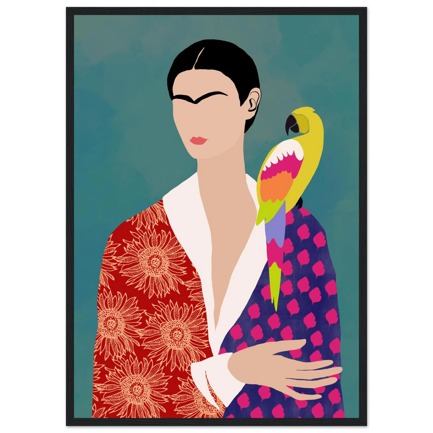 Fridas parrot bold abstract portrait art print in various sizes frames art print in a White frame size A2 (42 x 59.4  cm) affordable wall art by Art Aunty NZ