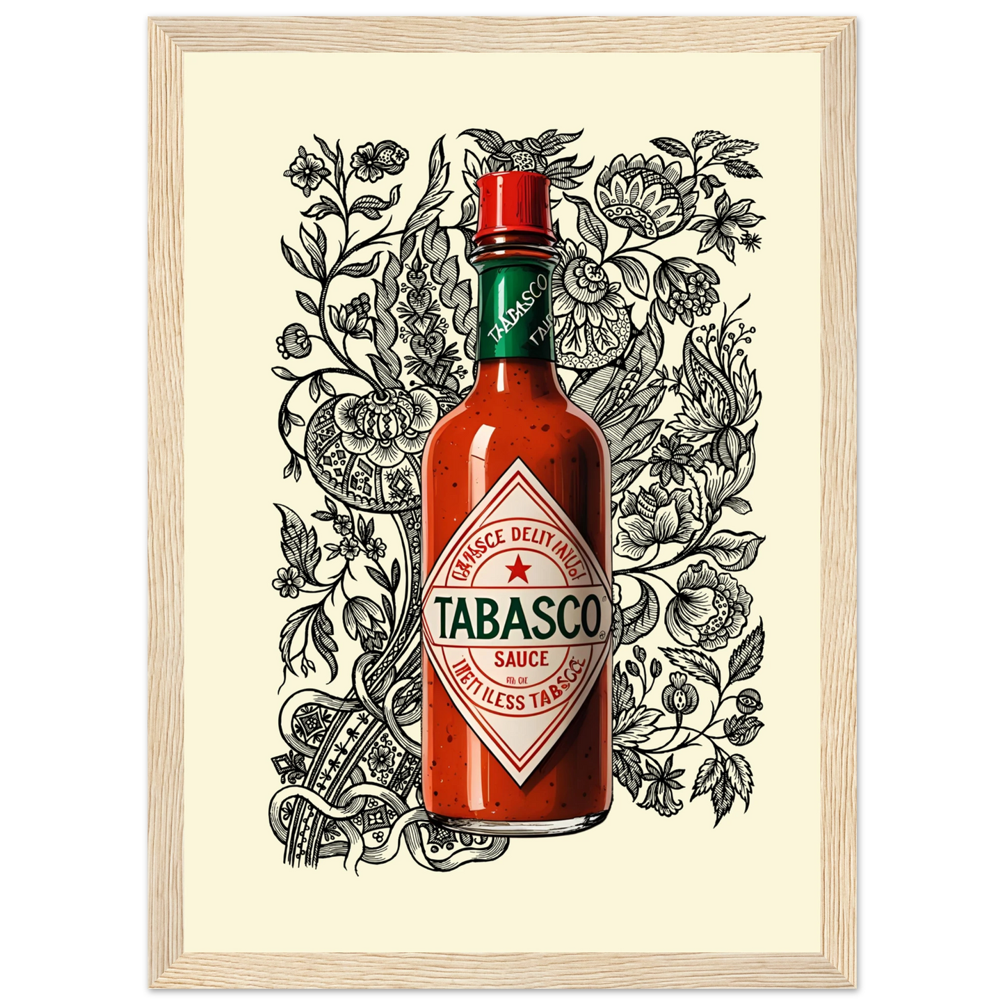 Tabasco sauce pop art bold spicy wall art by anya trut choose your size frame art print in a Black frame size 21x29.7 cm / 8x12" affordable wall art by Art Aunty NZ