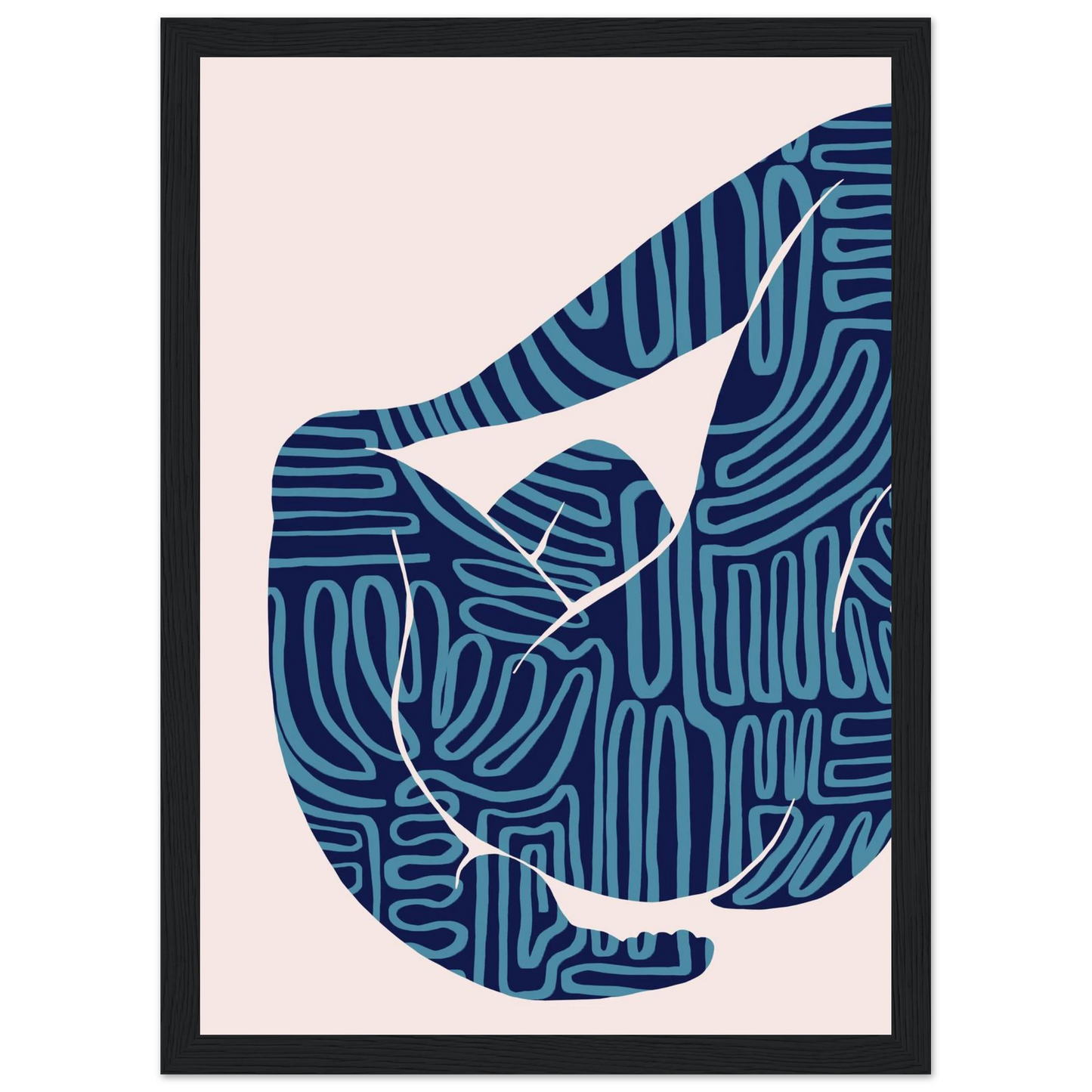 Abstract figurative pose art print teal maze patterns on cream ioana horvat collection framed sized to your taste art print in a Wood frame size 21x29.7 cm / 8x12" affordable wall art by Art Aunty NZ