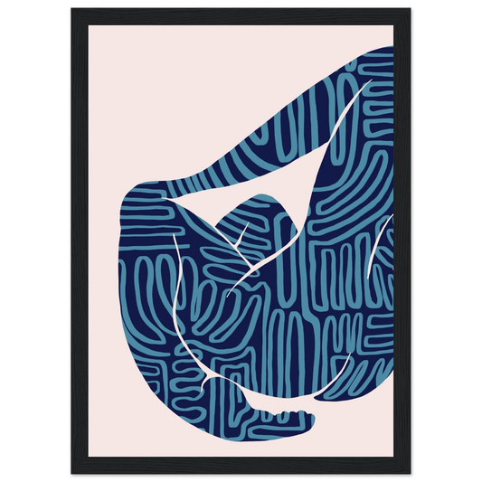 Abstract figurative pose art print teal maze patterns on cream ioana horvat collection framed sized to your taste art print in a Wood frame size 21x29.7 cm / 8x12" affordable wall art by Art Aunty NZ