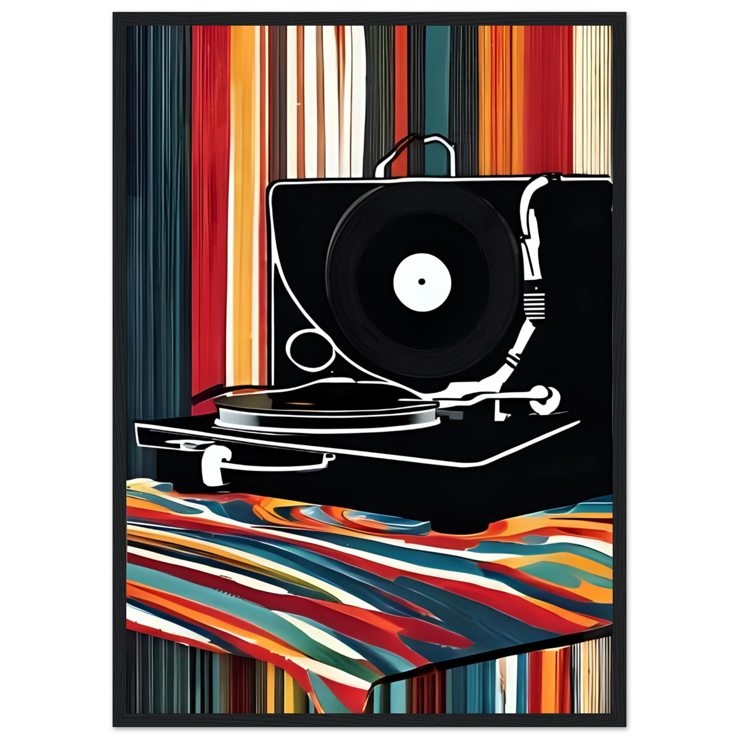 Retro groove record player framed poster vibrant pop art for your home multiple sizes frames art print in a Wood frame size 21x29.7 cm / 8x12" affordable wall art by Art Aunty NZ