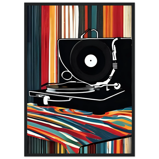 Retro groove record player framed poster vibrant pop art for your home multiple sizes frames art print in a Wood frame size 21x29.7 cm / 8x12" affordable wall art by Art Aunty NZ