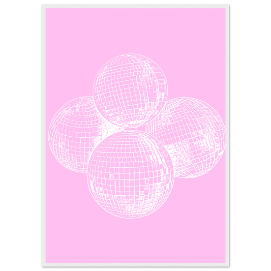 Pink disco dream geometric disco balls framed poster by anya trut in your choice of size and frame art print in a White frame size 21x29.7 cm / 8x12" affordable wall art by Art Aunty NZ