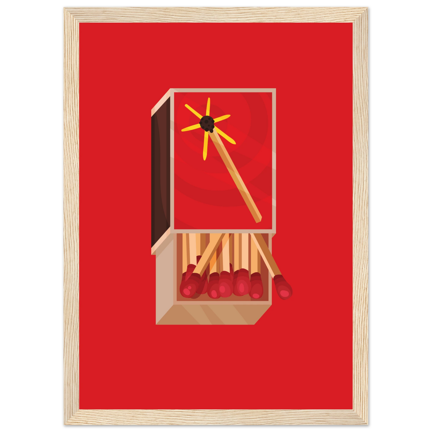 Fiery matchbox art print ignite your decor with bold red yellow hues available framed in various sizes art print in a Black frame size 21x29.7 cm / 8x12" affordable wall art by Art Aunty NZ