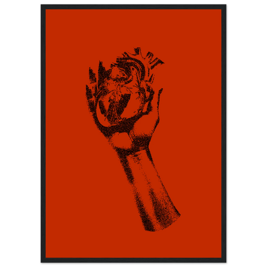 Fiery heart in hand stipple art print by anya trut choose your size frame art print in a Wood frame size 21x29.7 cm / 8x12" affordable wall art by Art Aunty NZ