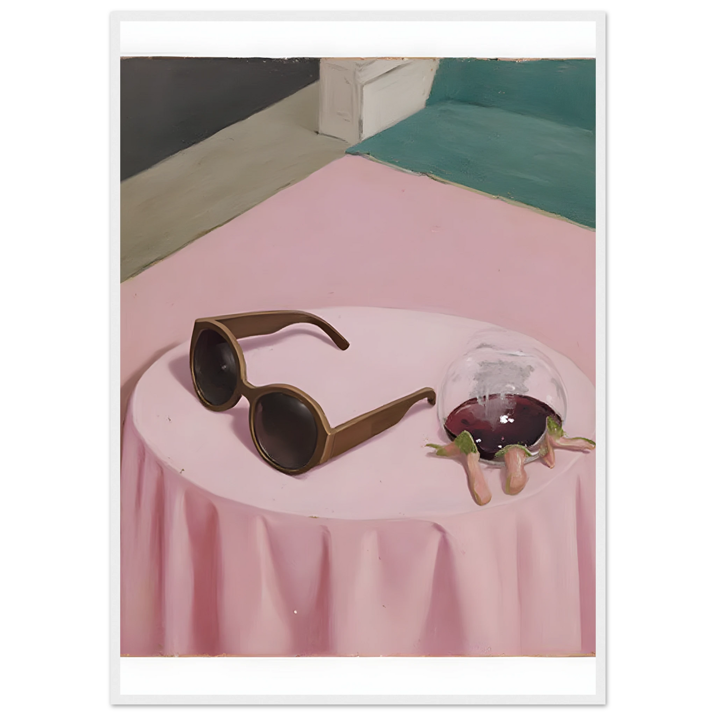 Chic curious nightcap by anya trut modern art print with sunglasses and spilled drink in your choice of frame art print in a White frame size 21x29.7 cm / 8x12" affordable wall art by Art Aunty NZ