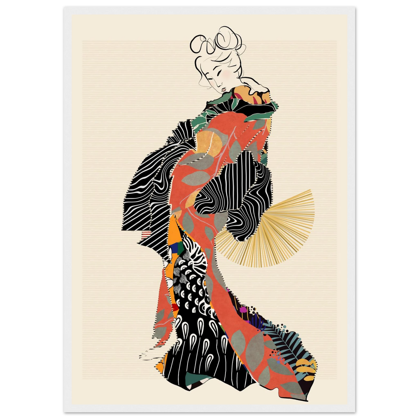 Abstract kimono geisha art print by ioana horvat vibrant patterns elegant style various sizes frames art print in a Black frame size 21x29.7 cm / 8x12" affordable wall art by Art Aunty NZ