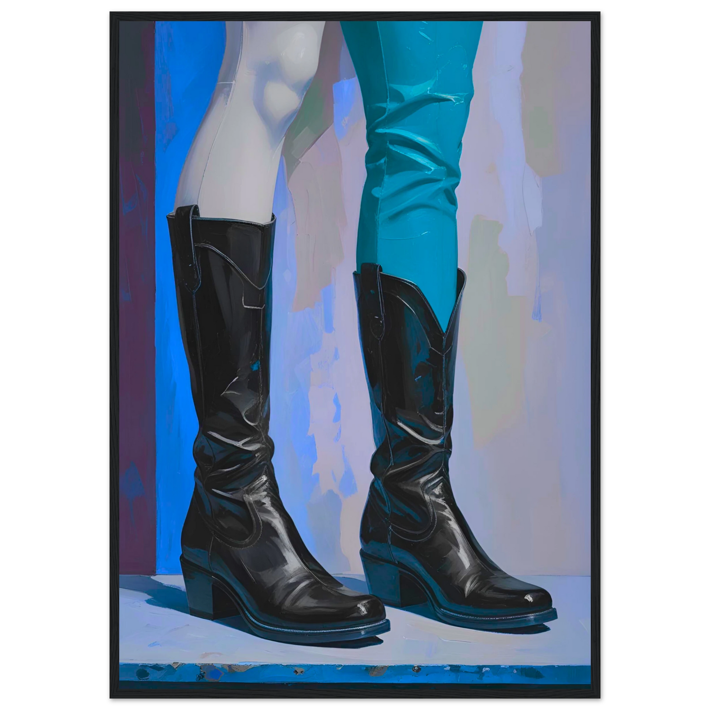 Urban cowboy boots abstract art print by anya trut striking blue black contrast customizable framed poster art print in a Black frame size A2 (42 x 59.4  cm) affordable wall art by Art Aunty NZ