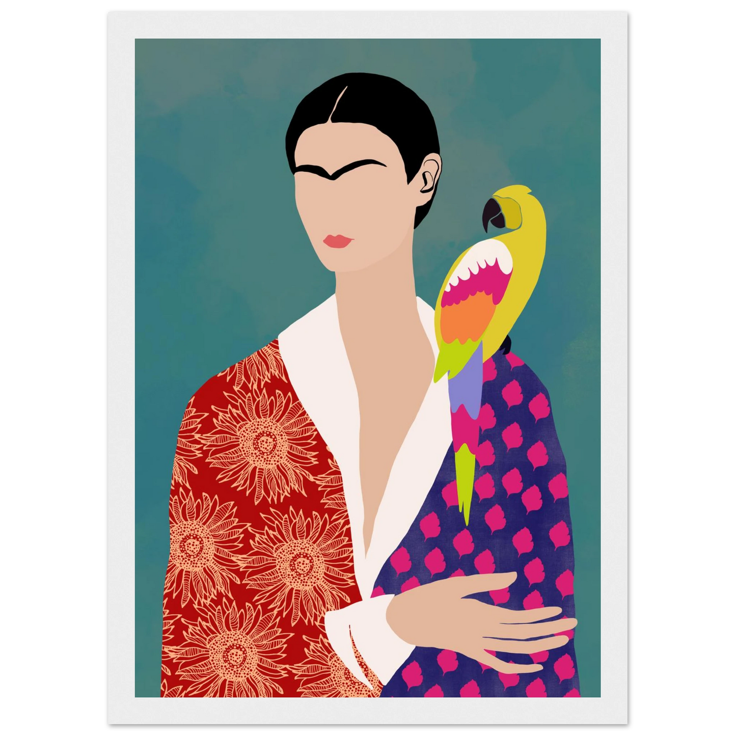 Fridas parrot bold abstract portrait art print in various sizes frames art print in a Wood frame size A1 (59.4 x 84.1  cm) affordable wall art by Art Aunty NZ