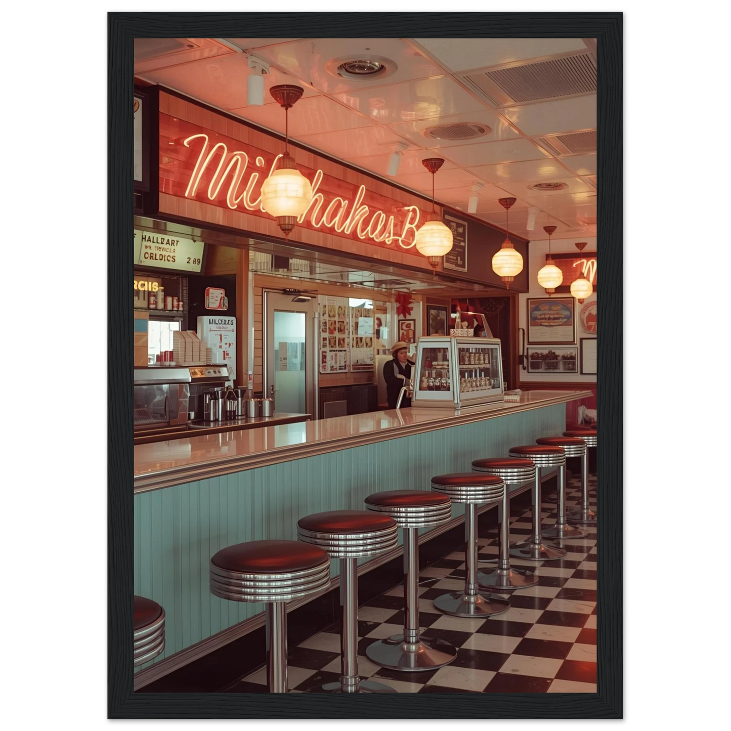 The milk bar art print in a Black frame size A1 (59.4 x 84.1  cm) affordable wall art by Art Aunty NZ