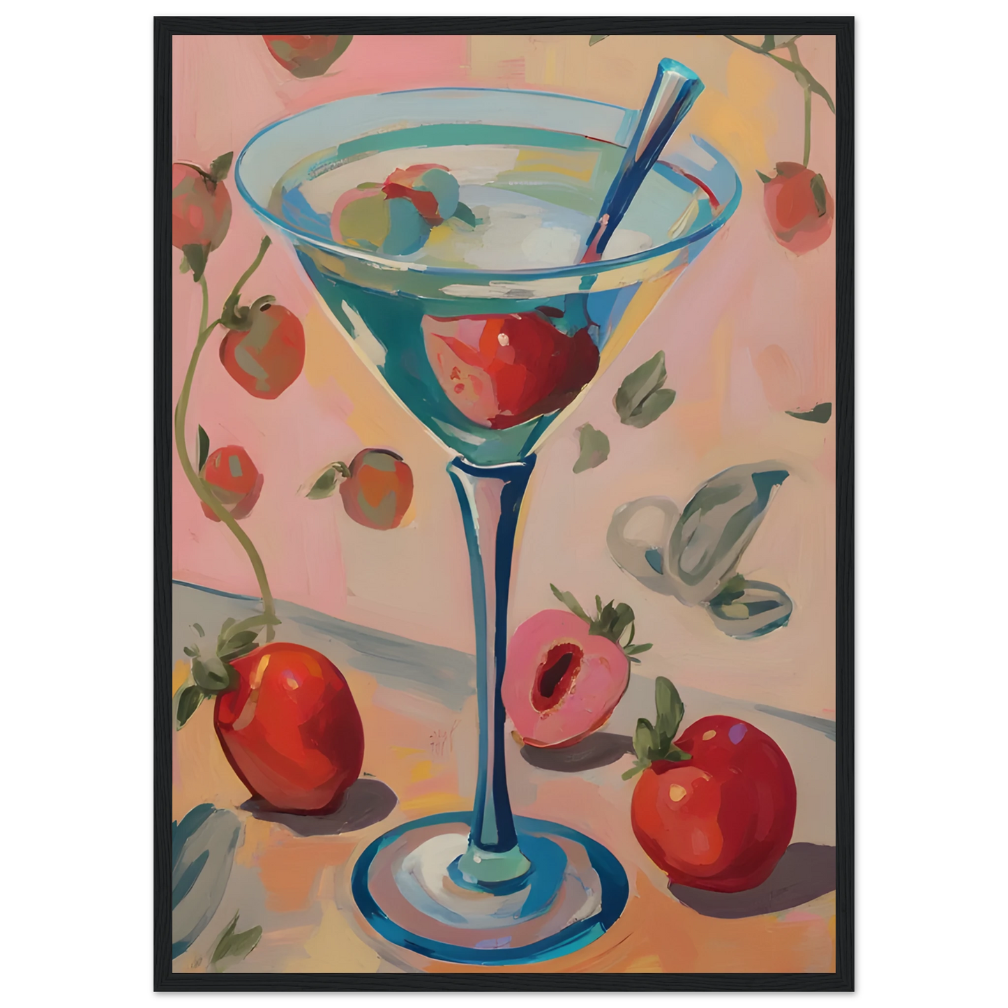 Summer bliss martini playful pop art print by anya trut vibrant wall decor in your choice of size frame art print in a Wood frame size 21x29.7 cm / 8x12" affordable wall art by Art Aunty NZ
