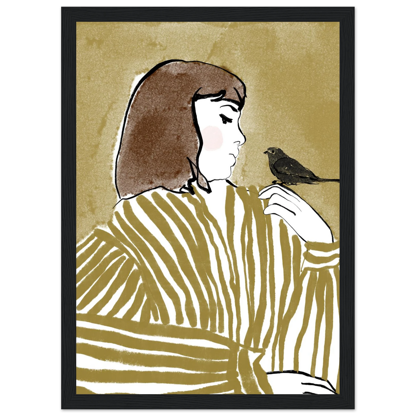 Whispering bird elegant profile art print by ioana horvat custom sizes frames art print in a Wood frame size 21x29.7 cm / 8x12" affordable wall art by Art Aunty NZ