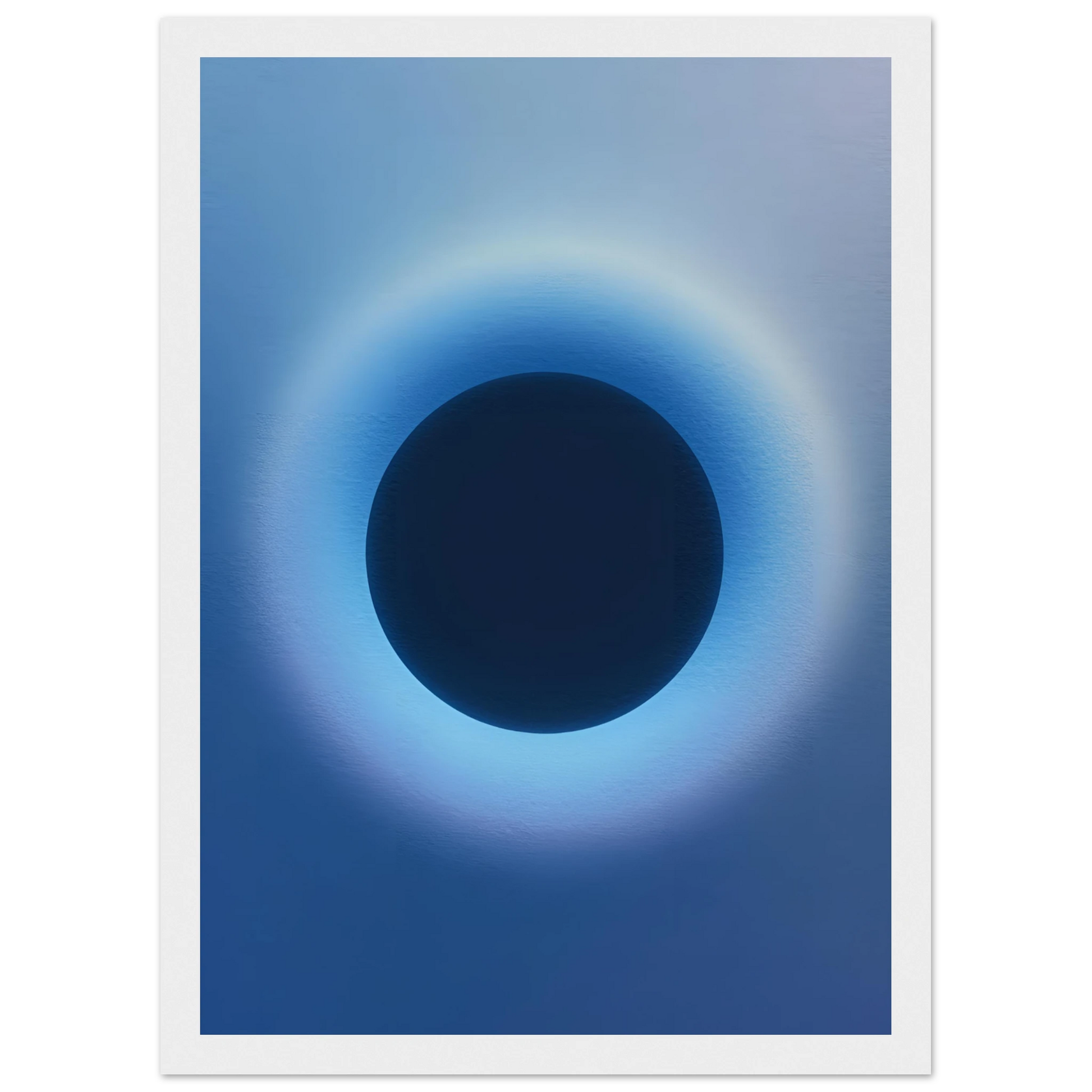 Cosmic aura eclipse art print mesmerizing blue black abstract circle for modern decor available in multiple sizes and frames art print in a Wood frame size A1 (59.4 x 84.1  cm) affordable wall art by Art Aunty NZ