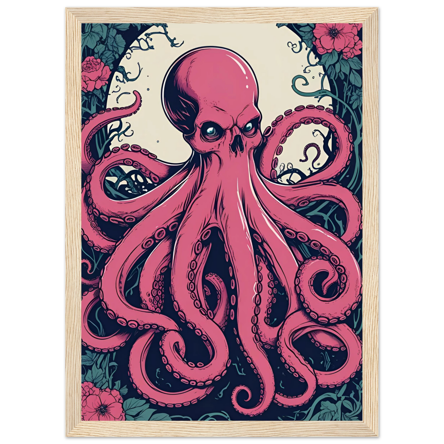 Skulltopus vibrant pink octopus skull botanical art print choose your size frame art print in a Black frame size 21x29.7 cm / 8x12" affordable wall art by Art Aunty NZ