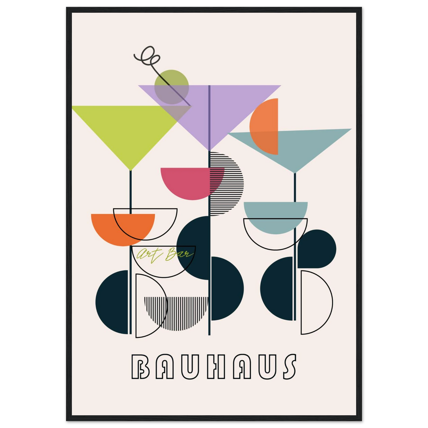 Bauhaus art bar cocktail abstract wall art print a modern geometric statement piece in your choice of frame and size art print in a Wood frame size A2 (42 x 59.4  cm) affordable wall art by Art Aunty NZ