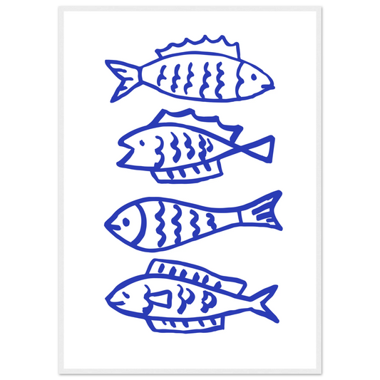 Abstract blue fish line art print by anya trut nautical charm for your home framed sized to perfection art print in a White frame size 21x29.7 cm / 8x12" affordable wall art by Art Aunty NZ