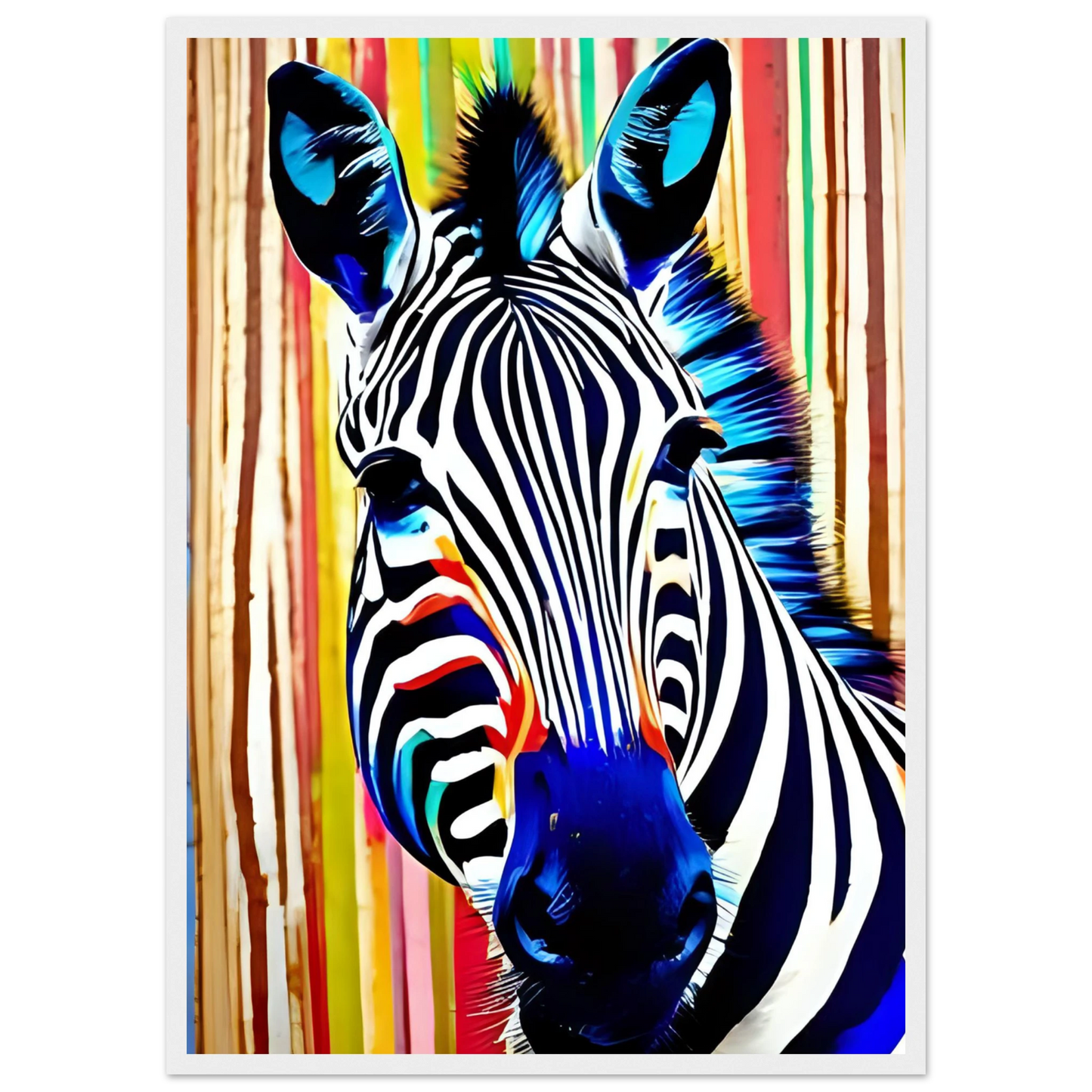Abstract neon zebra art print electric stripes by anya trut in your choice of size and frame art print in a Wood frame size A2 (42 x 59.4  cm) affordable wall art by Art Aunty NZ