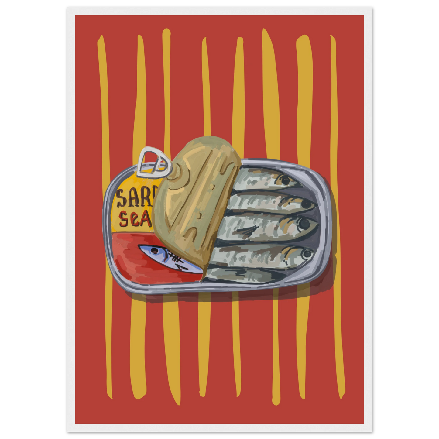 4pm sardine sea pop art print a quirky culinary statement for your walls art print in a Wood frame size A2 (42 x 59.4  cm) affordable wall art by Art Aunty NZ