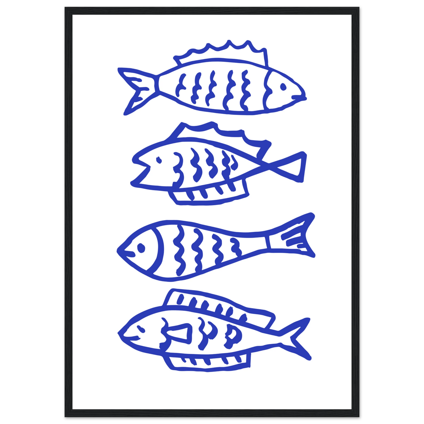 Abstract blue fish line art print by anya trut nautical charm for your home framed sized to perfection art print in a Wood frame size 21x29.7 cm / 8x12" affordable wall art by Art Aunty NZ