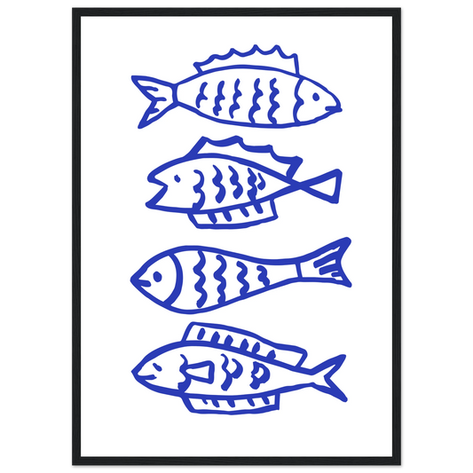 Abstract blue fish line art print by anya trut nautical charm for your home framed sized to perfection art print in a Wood frame size 21x29.7 cm / 8x12" affordable wall art by Art Aunty NZ