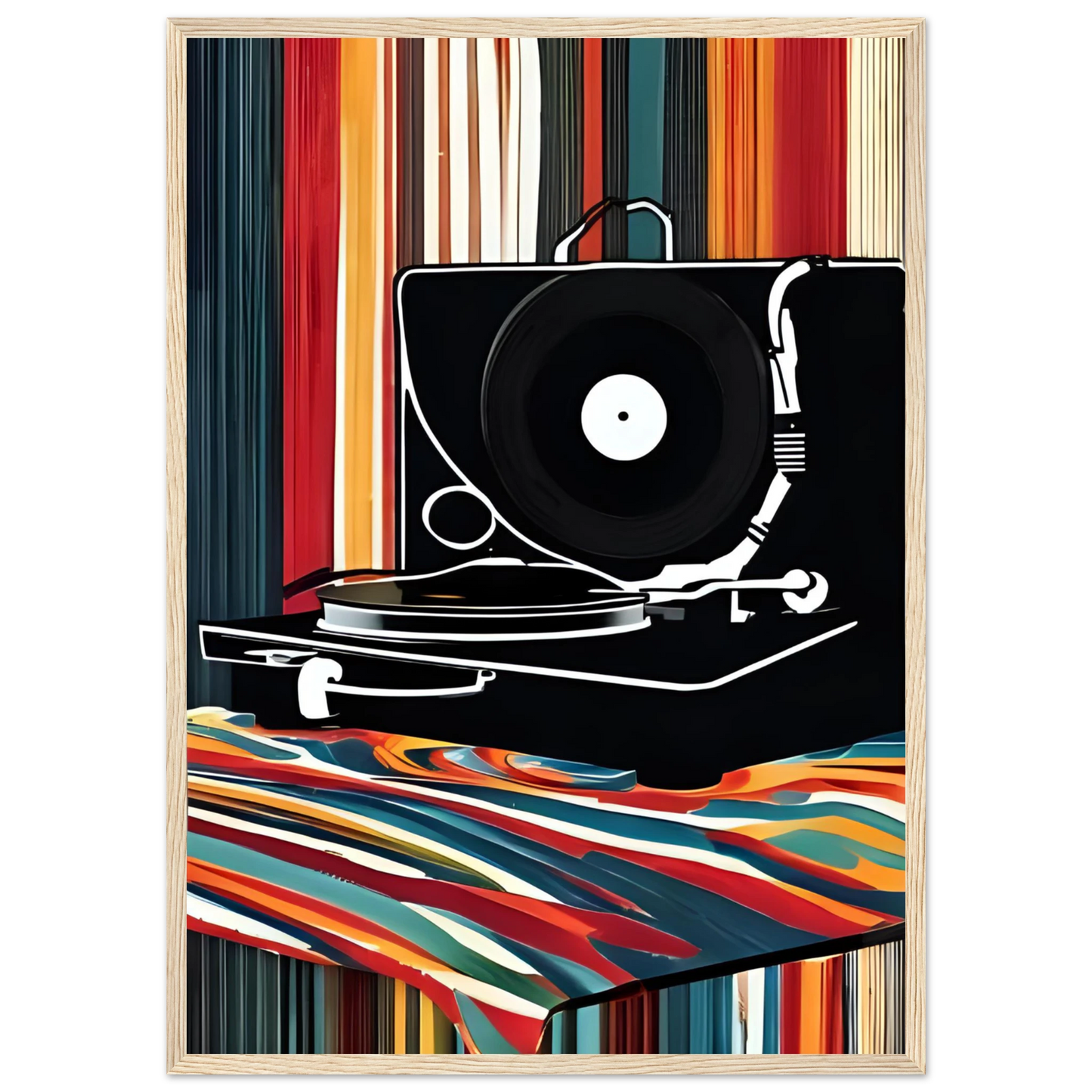 Retro groove record player framed poster vibrant pop art for your home multiple sizes frames art print in a White frame size A1 (59.4 x 84.1  cm) affordable wall art by Art Aunty NZ