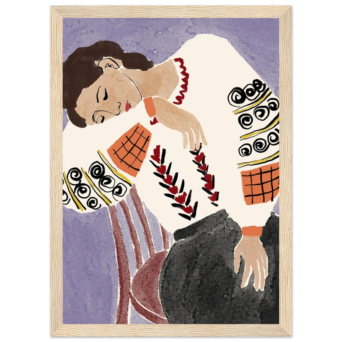 Romanian folk dreams print ioana horvat art poster in three sizes with custom frame options art print in a Black frame size A2 (42 x 59.4  cm) affordable wall art by Art Aunty NZ