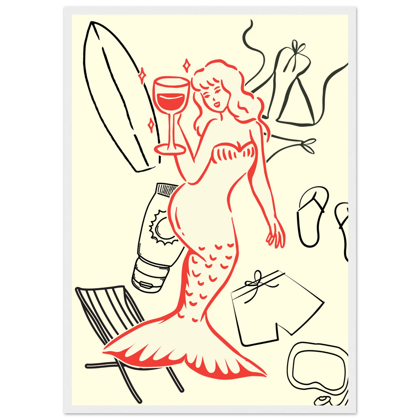 Summer mermaid wall art print beach vibes relaxation in your choice of size frame art print in a Wood frame size A2 (42 x 59.4  cm) affordable wall art by Art Aunty NZ