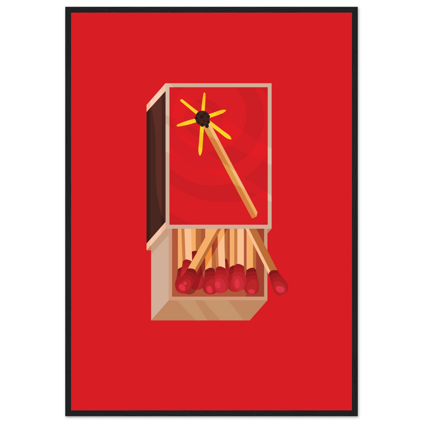 Fiery matchbox art print ignite your decor with bold red yellow hues available framed in various sizes art print in a Black frame size A2 (42 x 59.4  cm) affordable wall art by Art Aunty NZ