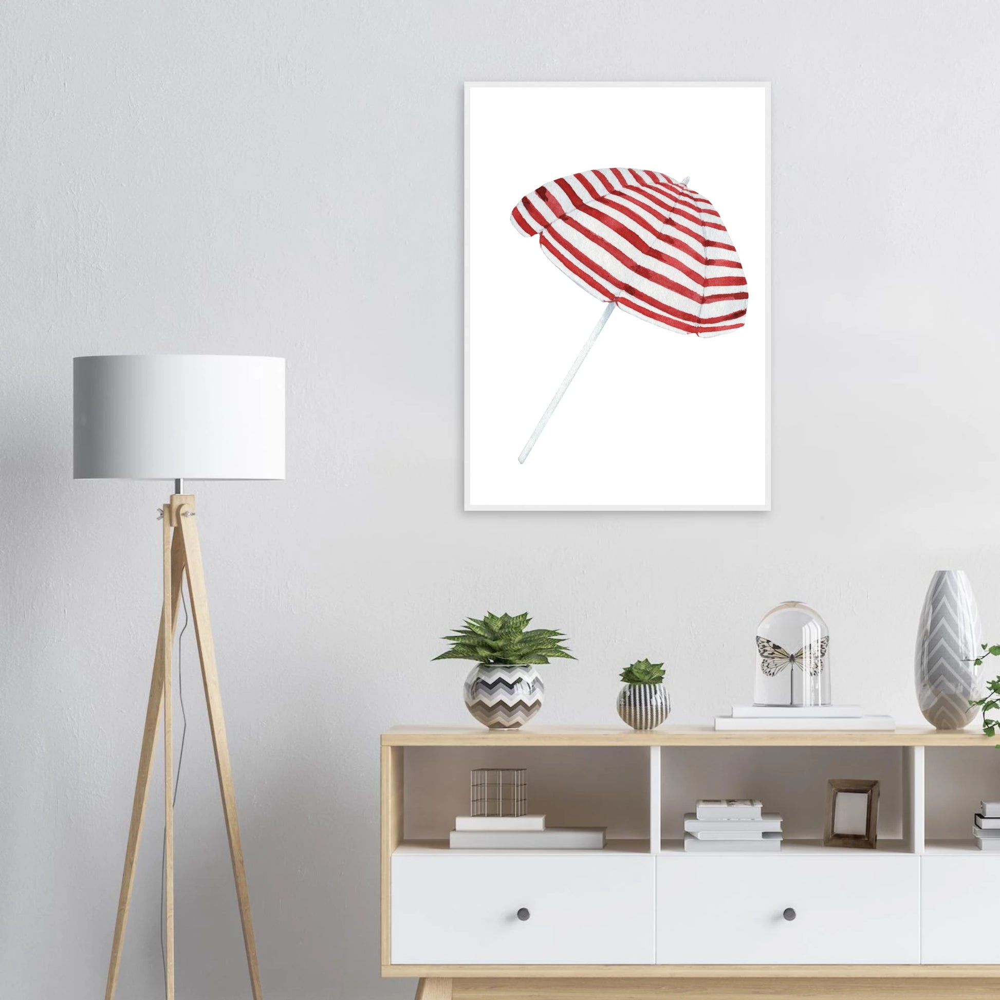 Summer stripes beach umbrella art print by anya trut coastal chic wall decor in multiple sizes frames art print in a  size  affordable wall art by Art Aunty NZ