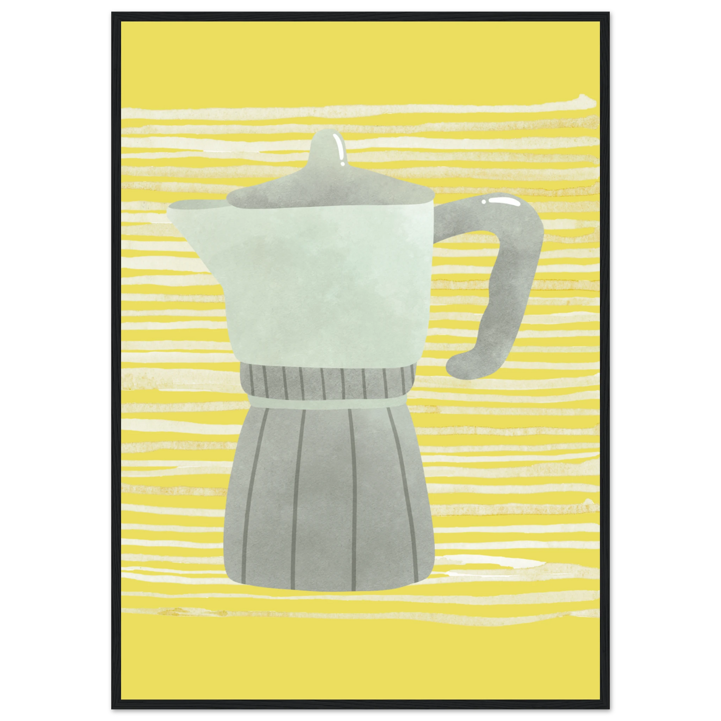 Moka pot morning vibrant yellow grey art print by anya trut available in multiple sizes and frames art print in a Black frame size A2 (42 x 59.4  cm) affordable wall art by Art Aunty NZ