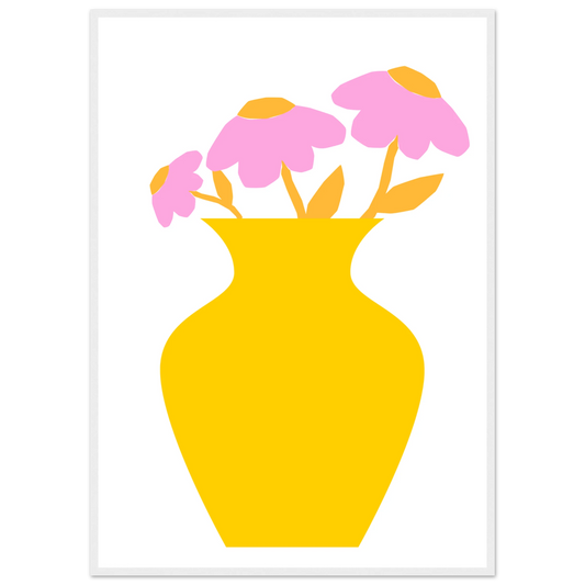 Minimalist pink yellow floral vase art print modern playful decor in your choice of size and frame art print in a White frame size 21x29.7 cm / 8x12" affordable wall art by Art Aunty NZ