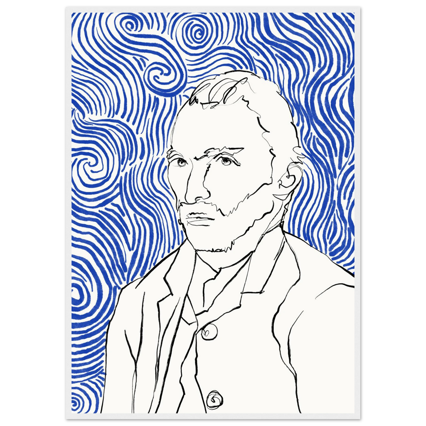 Starry night visionary framed poster iconic artist portrait with swirling blue lines by ioana horvat art print in a White frame size 21x29.7 cm / 8x12" affordable wall art by Art Aunty NZ