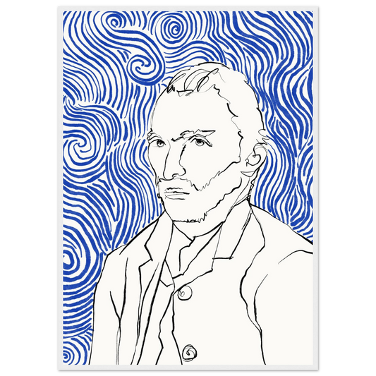 Starry night visionary framed poster iconic artist portrait with swirling blue lines by ioana horvat art print in a White frame size 21x29.7 cm / 8x12" affordable wall art by Art Aunty NZ