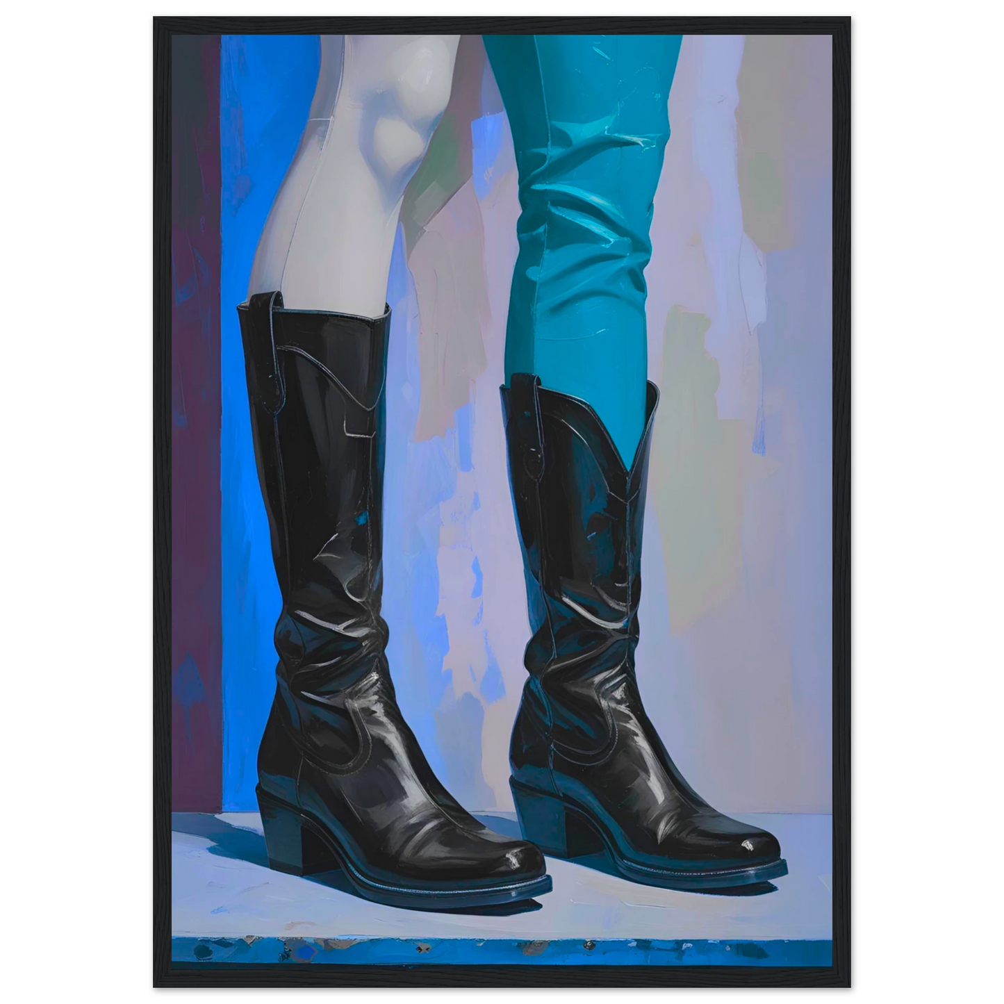 Urban cowboy boots abstract art print by anya trut striking blue black contrast customizable framed poster art print in a Wood frame size 21x29.7 cm / 8x12" affordable wall art by Art Aunty NZ