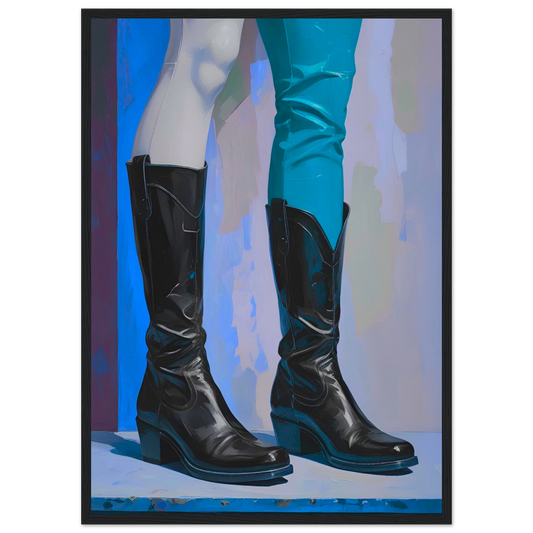 Urban cowboy boots abstract art print by anya trut striking blue black contrast customizable framed poster art print in a Wood frame size 21x29.7 cm / 8x12" affordable wall art by Art Aunty NZ