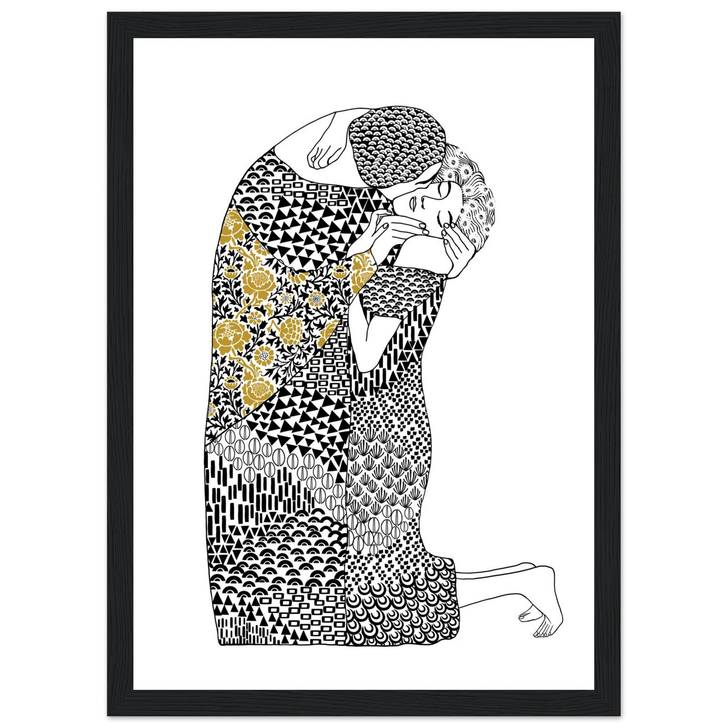 Abstract embrace golden floral geometric art print hand drawn expression on premium poster art print in a Wood frame size 21x29.7 cm / 8x12" affordable wall art by Art Aunty NZ