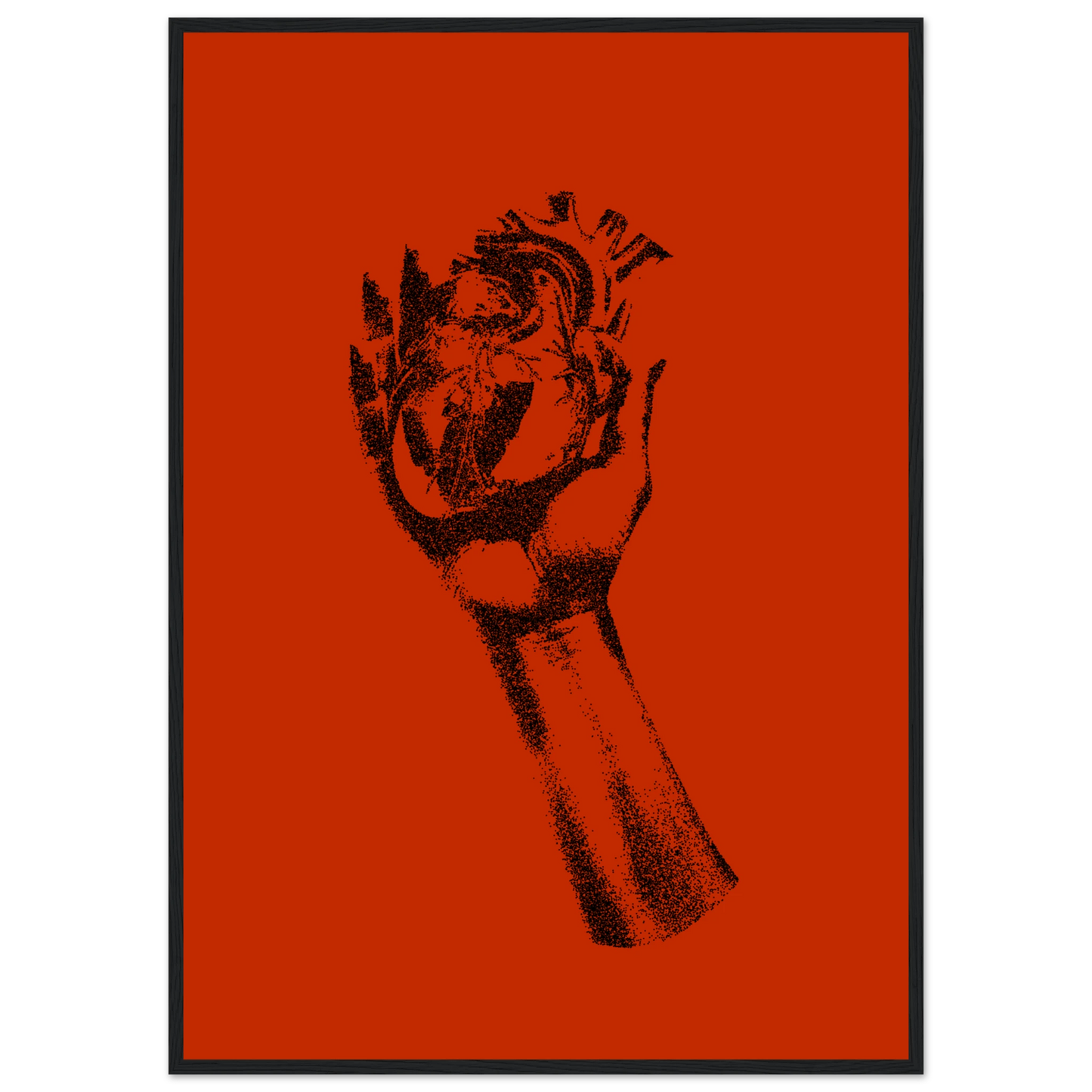 Fiery heart in hand stipple art print by anya trut choose your size frame art print in a Black frame size A2 (42 x 59.4  cm) affordable wall art by Art Aunty NZ