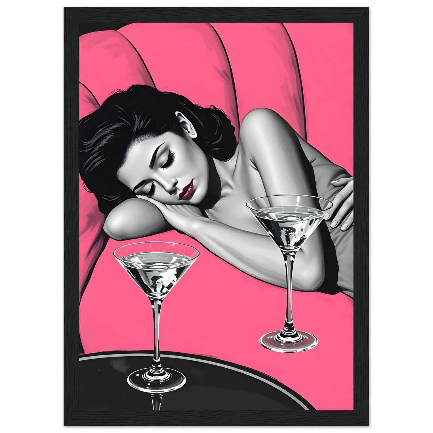 Pink noir chic night cap pop art print by anya trut choose your size frame art print in a White frame size A2 (42 x 59.4  cm) affordable wall art by Art Aunty NZ