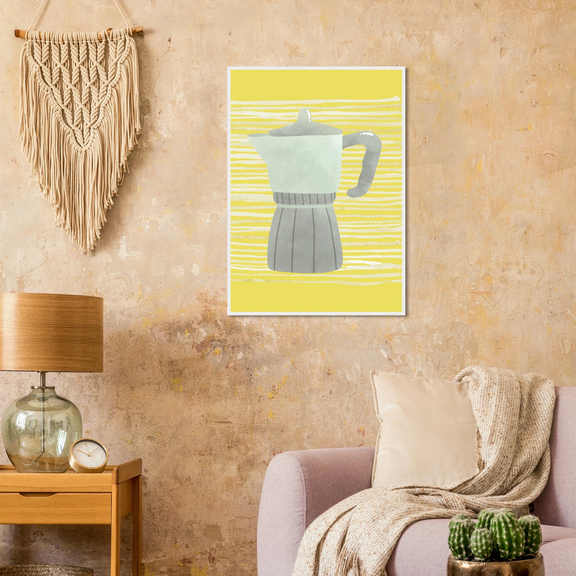 Moka pot morning vibrant yellow grey art print by anya trut available in multiple sizes and frames art print in a  size  affordable wall art by Art Aunty NZ