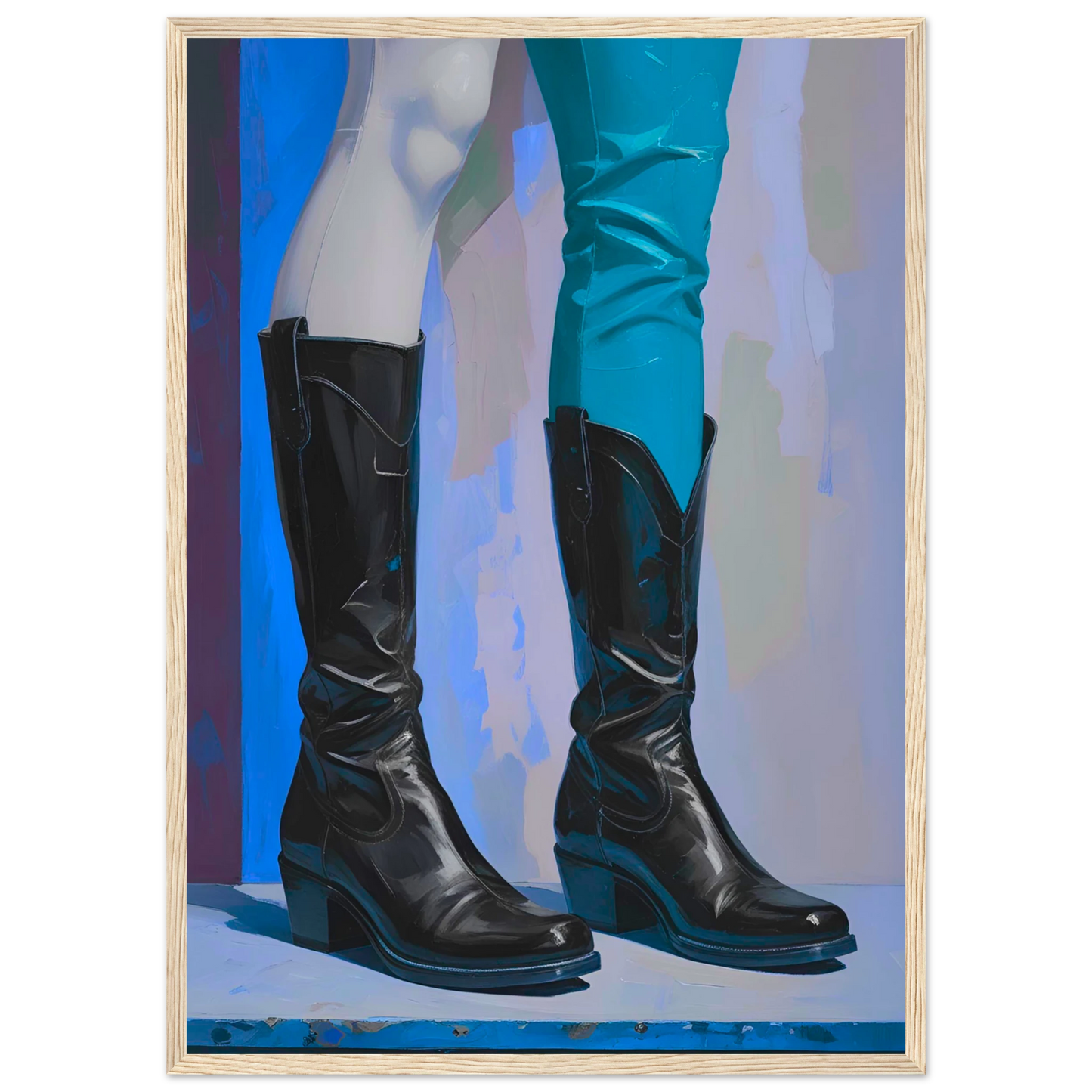 Urban cowboy boots abstract art print by anya trut striking blue black contrast customizable framed poster art print in a White frame size A1 (59.4 x 84.1  cm) affordable wall art by Art Aunty NZ