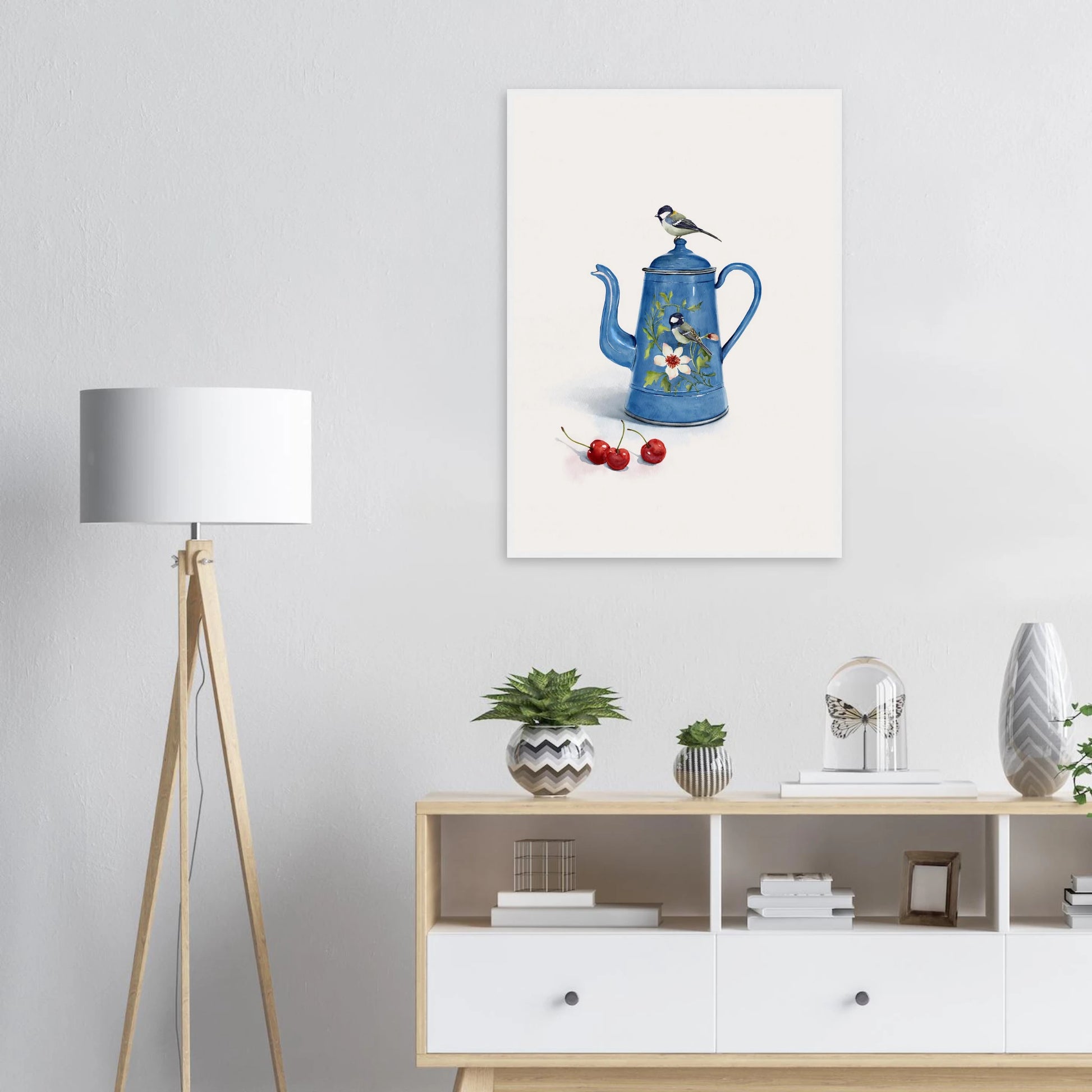Charming blue bird enamel kettle art print by ioana horvat choose your size frame art print in a  size  affordable wall art by Art Aunty NZ