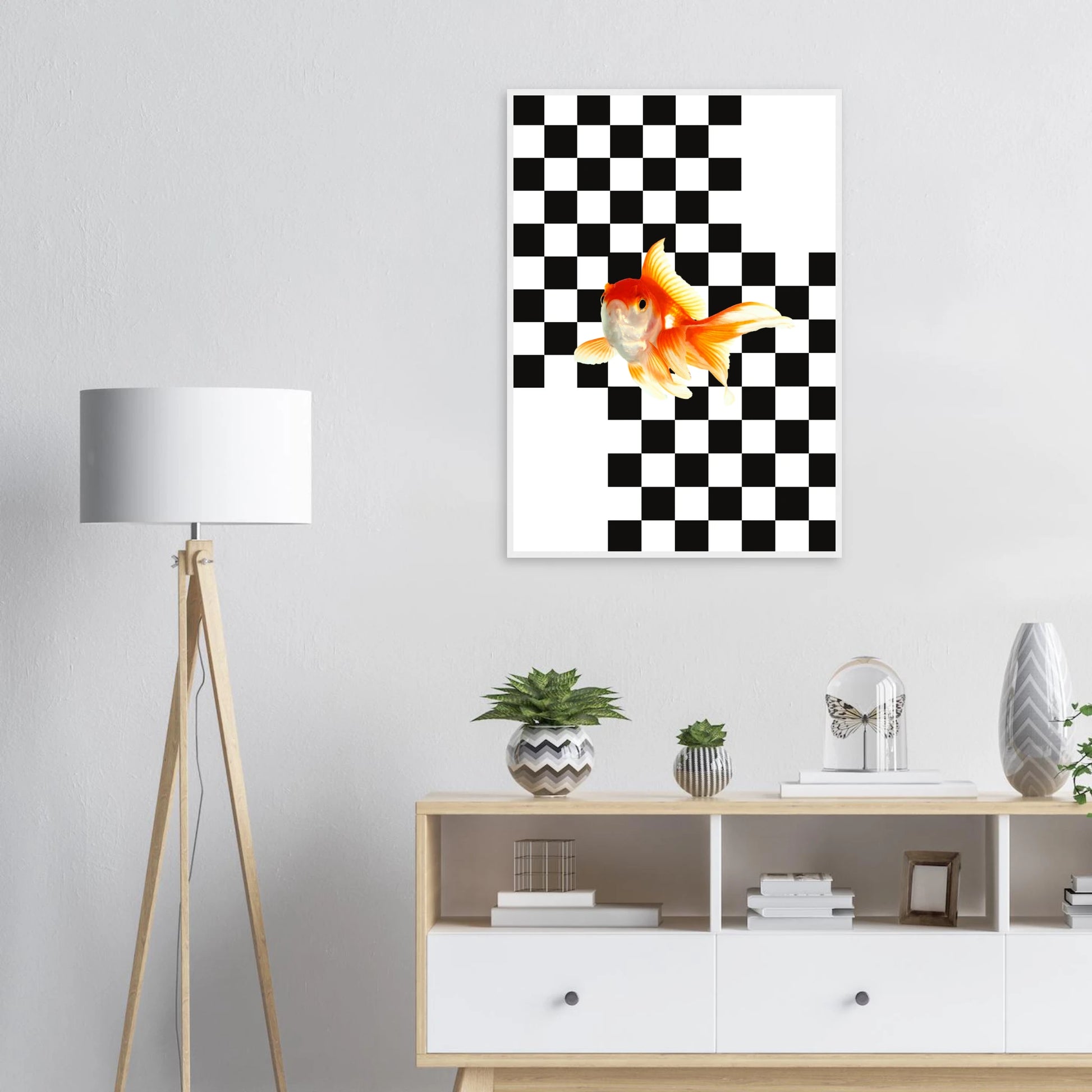 Goldfish on checkerboard splash of surreal framed art print by anya trut multiple sizes frames art print in a  size  affordable wall art by Art Aunty NZ