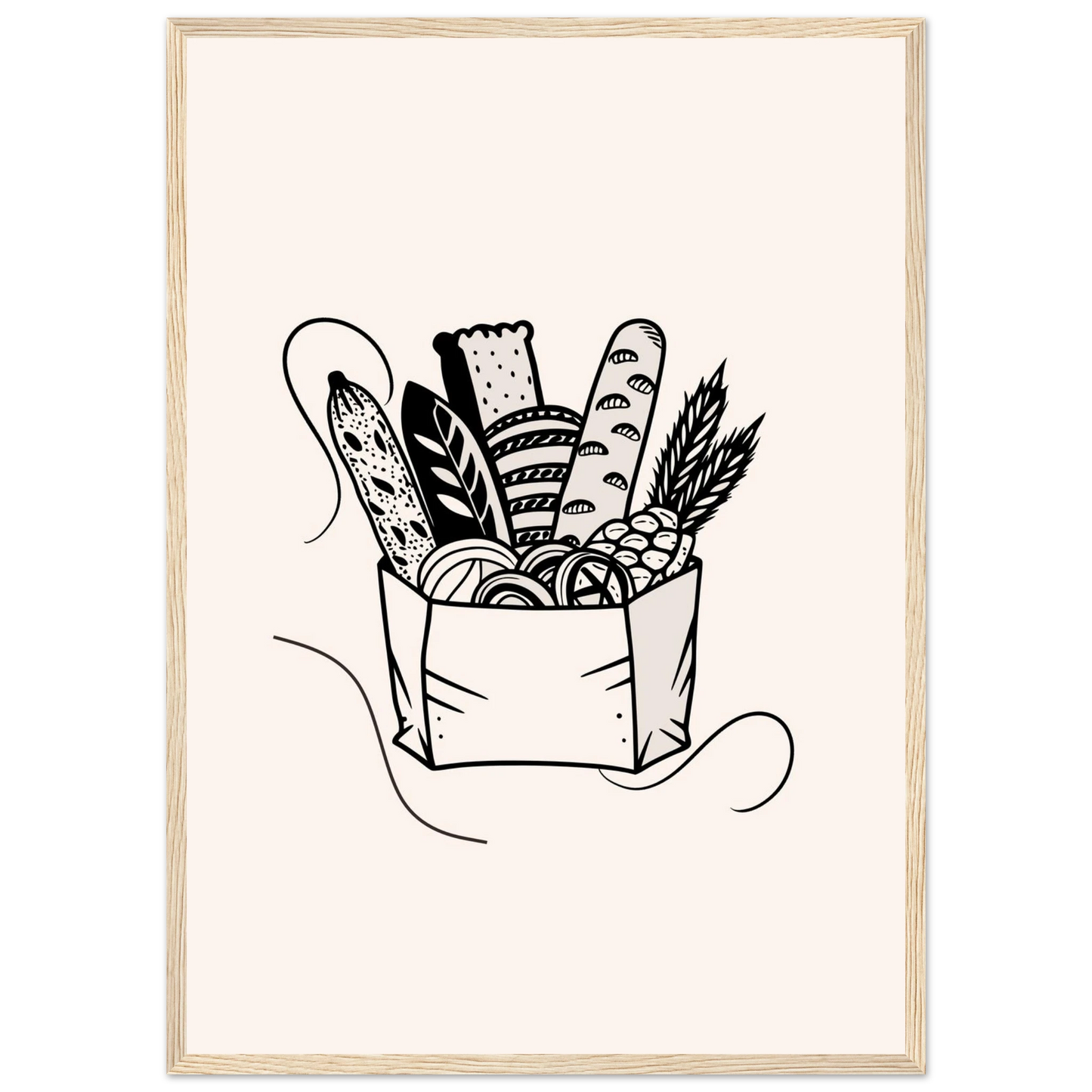 Morning bread art print in a Wood frame size 21x29.7 cm / 8x12" affordable wall art by Art Aunty NZ