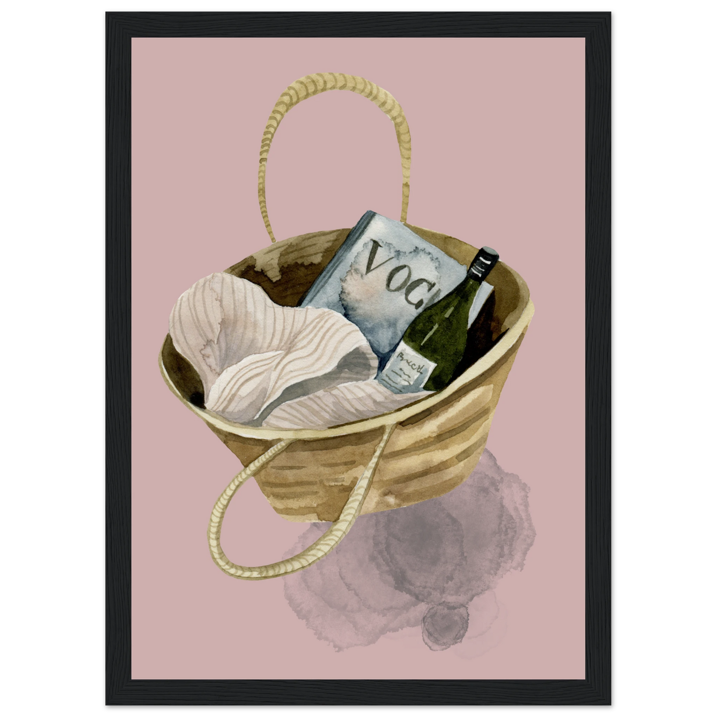 Chic beach bag with vogue wine watercolor art print boho summer aesthetic wall decor by anya trut art print in a White frame size A2 (42 x 59.4  cm) affordable wall art by Art Aunty NZ