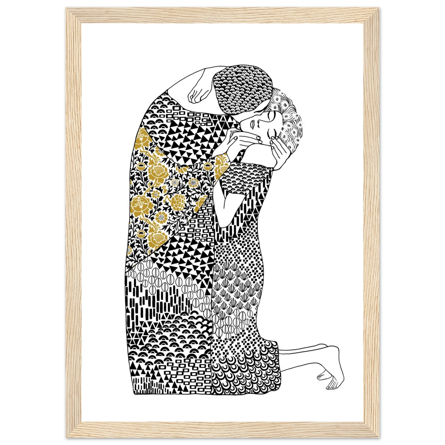 Abstract embrace golden floral geometric art print hand drawn expression on premium poster art print in a Black frame size A2 (42 x 59.4  cm) affordable wall art by Art Aunty NZ
