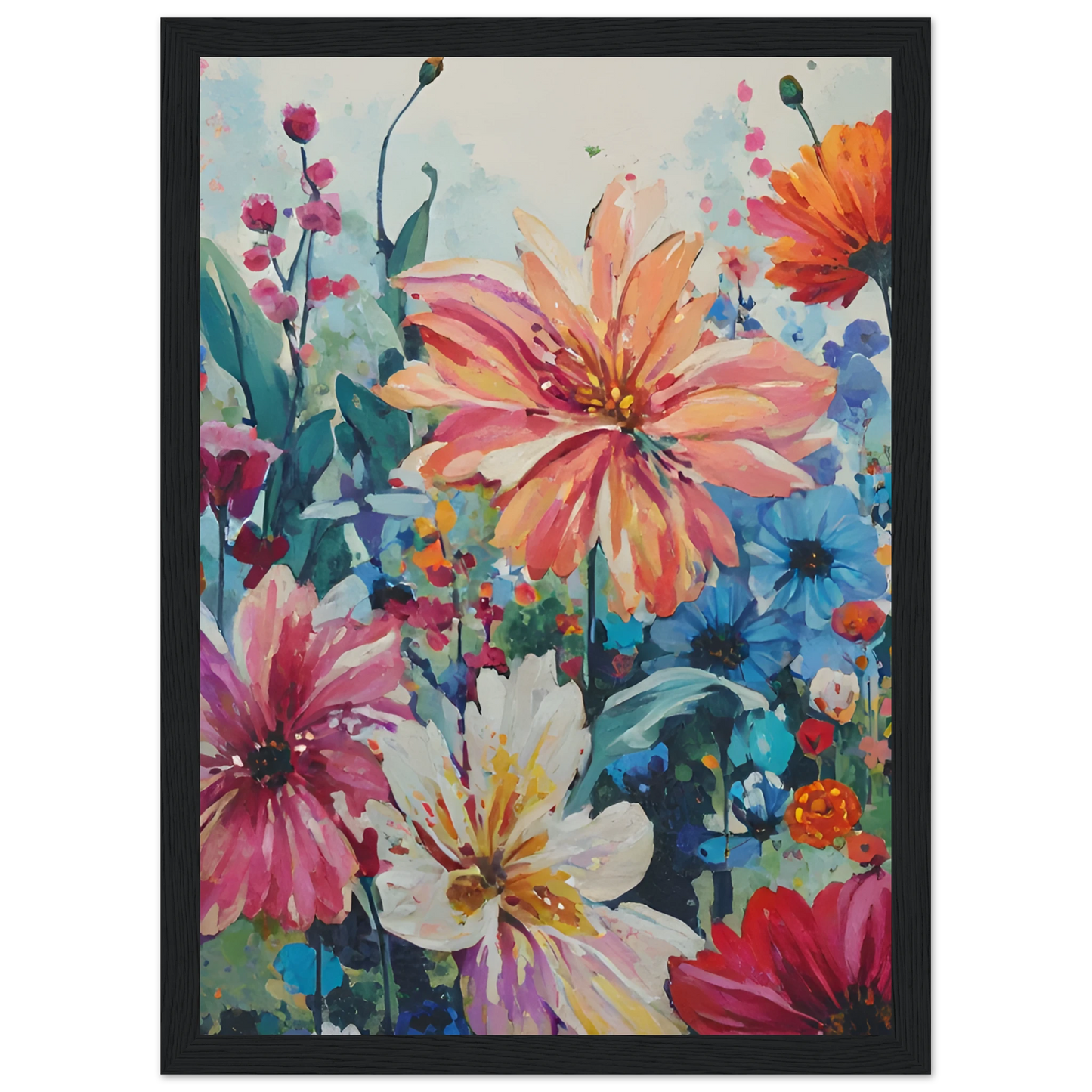 Vibrant floral meadow impressionistic wildflower art print customizable sizes frames art print in a White frame size A2 (42 x 59.4  cm) affordable wall art by Art Aunty NZ